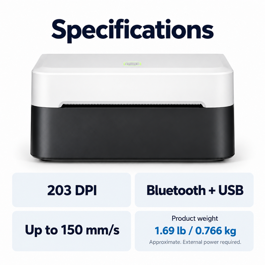 Compact 203 DPI Bluetooth Label Printer - Black and White